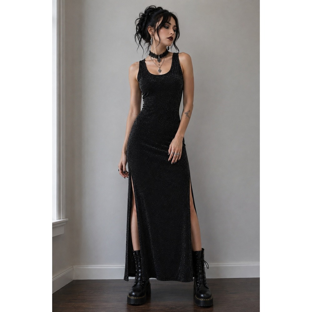 Vtg Jessica Howard Black Sparkly Maxi‎ Dress Sz 8 Side Slits Slinky Whimsigoth